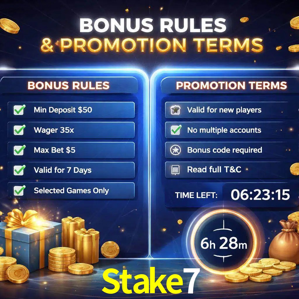 Reglas de promoción Stake7 y condiciones de bonos explicadas visualmente