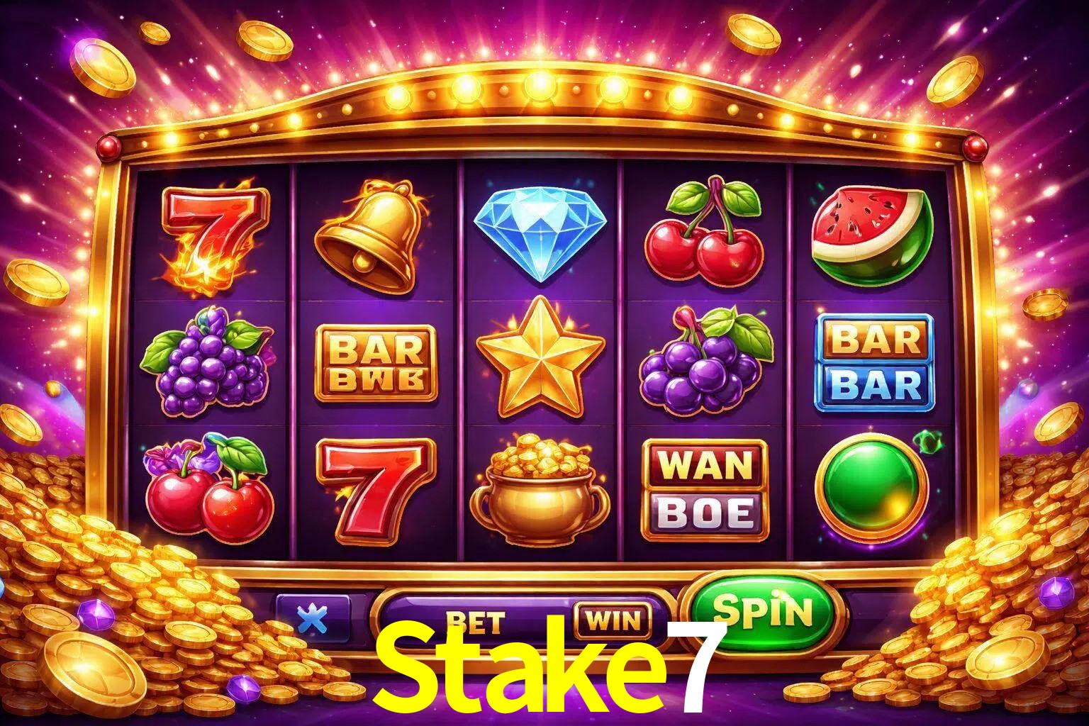 Una interfaz colorida de tragamonedas en línea con símbolos brillantes, monedas y un efecto de victoria celebratoria en Stake7.