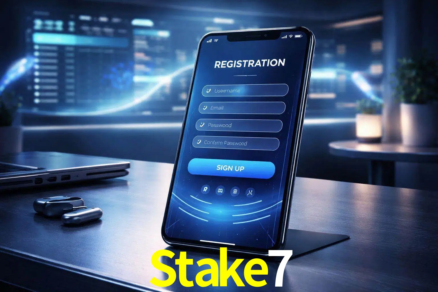 Una interfaz moderna de registro móvil para Stake7 mostrada en un smartphone con un panel de apuestas elegante.